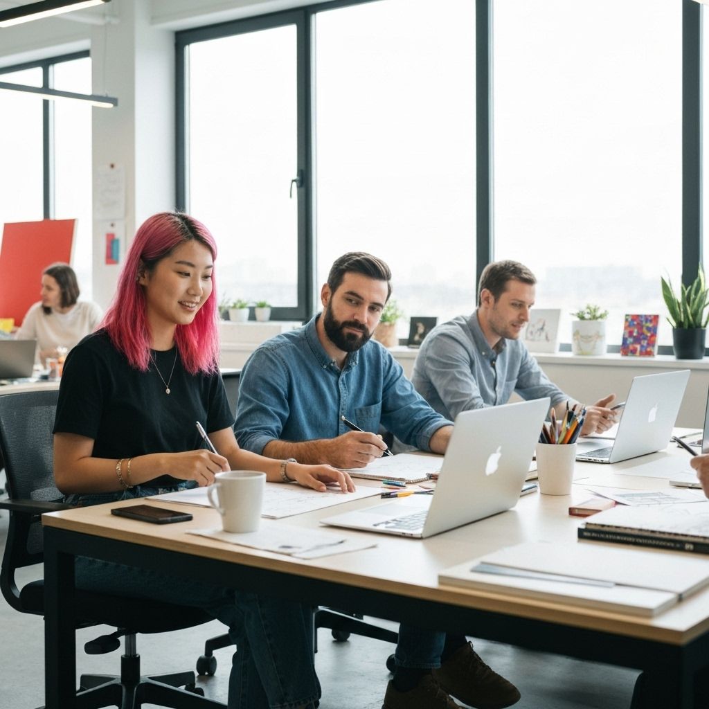 Creative professionals collaborating in a modern workspace