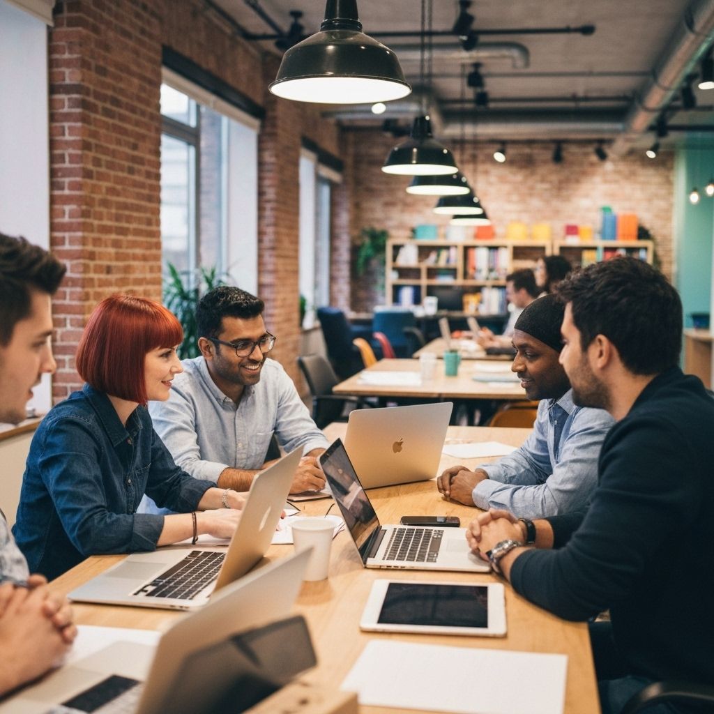 Vibrant coworking space with startup teams collaborating